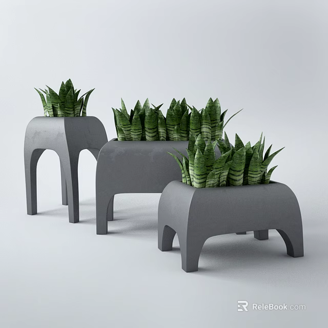 Potted Succulent Plants In Stylish Modern Gray Planters With Green Foliage 3d model 