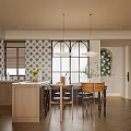 Elegant Modern Restaurant Interior With Dining Table Chairs Pendant Lights Patterned Wall And Herringbone Flooring