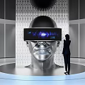 Technology Exhibition Hall with VR Headset on Humanoid Model and Interactive Digital Wave