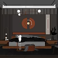 Modern Bedroom Interior With Wooden Headboard Circular Wall Art Chandelier Rug And Accent Chair