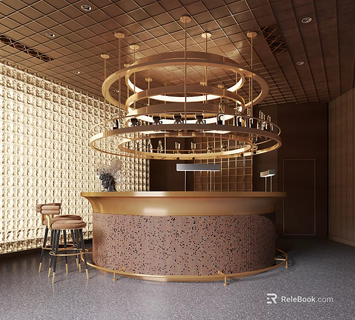 Modern Bar Interior With Circular Counter Golden Decor And Wine Racks 3d model 