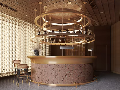 Modern Bar Interior With Circular Counter Golden Decor And Wine Racks 3d model
