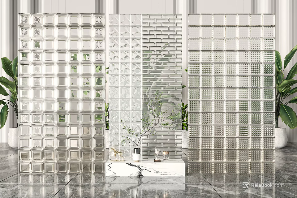 Transparent Glass Room Divider With Modern Grid Design And Green Plants 3d model 