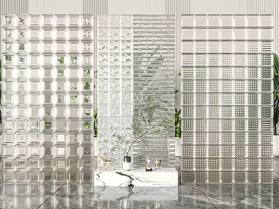 Transparent Glass Room Divider With Modern Grid Design And Green Plants 3d model