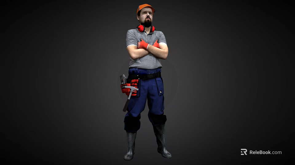 Male Worker in Orange Cap Red Headphones with Tool Belt Protective Knee Pads and Boots 3d model 