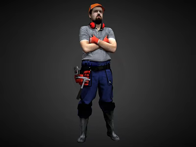 Male Worker in Orange Cap Red Headphones with Tool Belt Protective Knee Pads and Boots 3d model