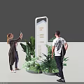 People Taking Selfie And Checking Stand Information Signboard With Green Plants
