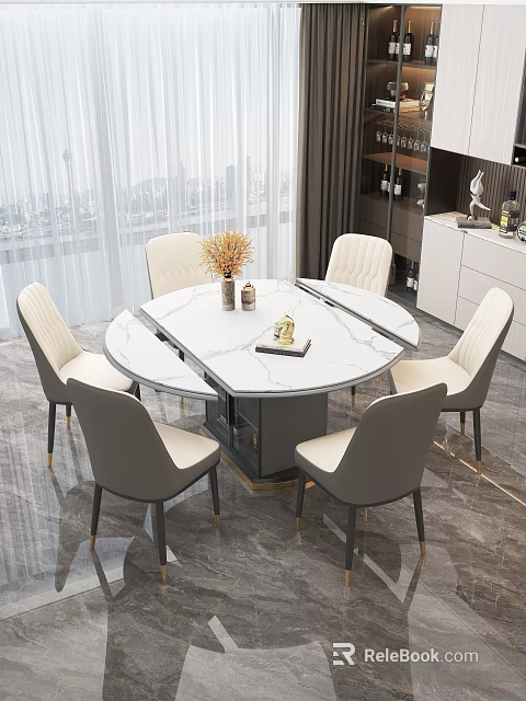 Round Modern Dining Table Set With Marble Top And Six Light Gray Upholstered Chairs 3d model 