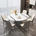 Round Modern Dining Table Set With Marble Top And Six Light Gray Upholstered Chairs 3d model