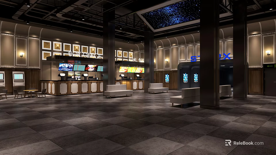 Modern Cinema Lobby Design With Ticket Counter Seats And Starry Ceiling 3d model 