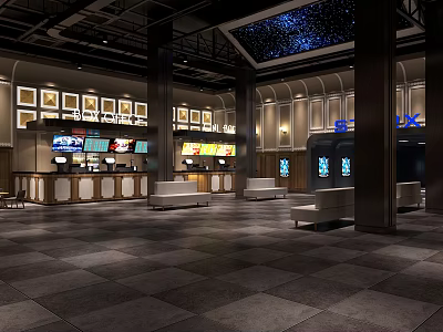 Modern Cinema Lobby Design With Ticket Counter Seats And Starry Ceiling 3d model
