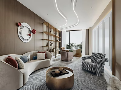 Modern Office Interior With Sofa Bookshelf Round Mirror And Floor To Ceiling Window 3d model