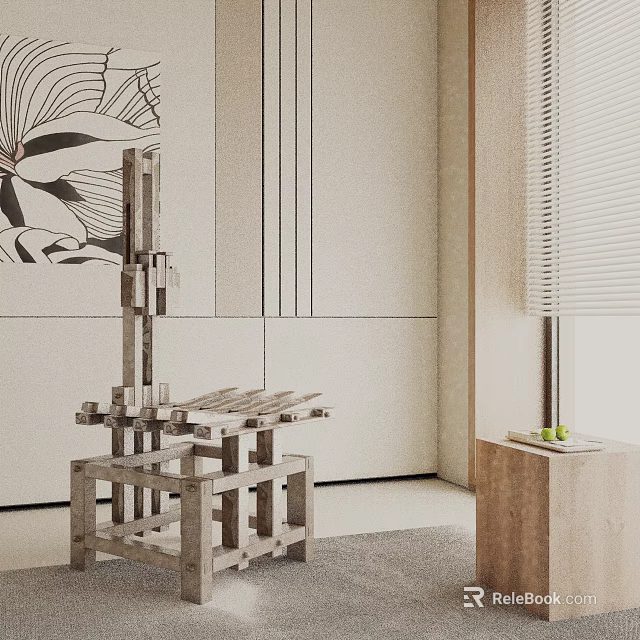 Modern Minimalist Leisure Chair With Wooden Structure And Side Table Wall Decor 3d model 