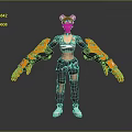 Game Movie Character Female with Mechanical Arms Colorful Outfit Spiked Hair and Ripped Pants
