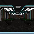 Shopping Mall Store With Multiple Pool Tables Bright Interior Blue Light Strips And Large Windows