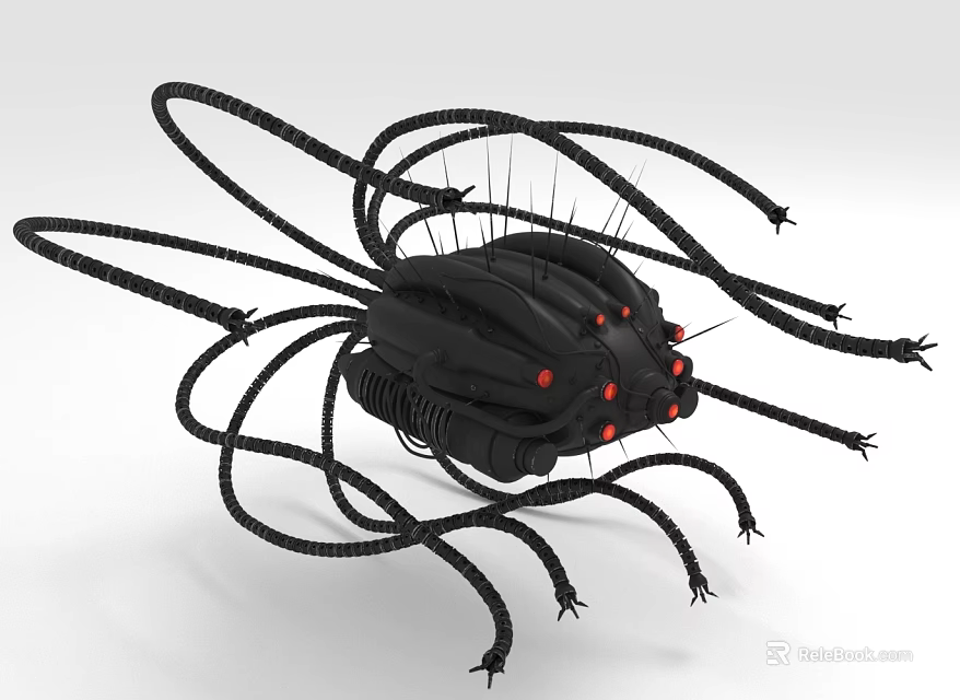 Futuristic Mechanical Insect with Black Body Red Lights and Cable Like Legs 3d model 