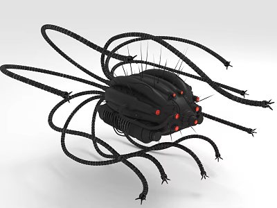 Futuristic Mechanical Insect with Black Body Red Lights and Cable Like Legs 3d model