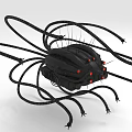 Futuristic Mechanical Insect with Black Body Red Lights and Cable Like Legs