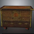 Vintage Ornate Chest With Red Yellow Brown Colors Hexagonal Center Design And Red Footed Base