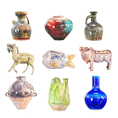 Various Colorful Ceramic Vessels Featuring Animal Shaped Figurines And Decorative Vases 3d model