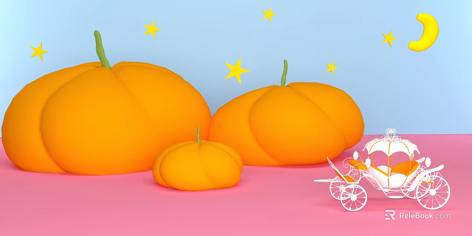 Enchanting Pumpkin Carriage With Orange Pumpkins Yellow Stars On Blue Background And Pink Ground 3d model 