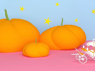 Enchanting Pumpkin Carriage With Orange Pumpkins Yellow Stars On Blue Background And Pink Ground 3d model