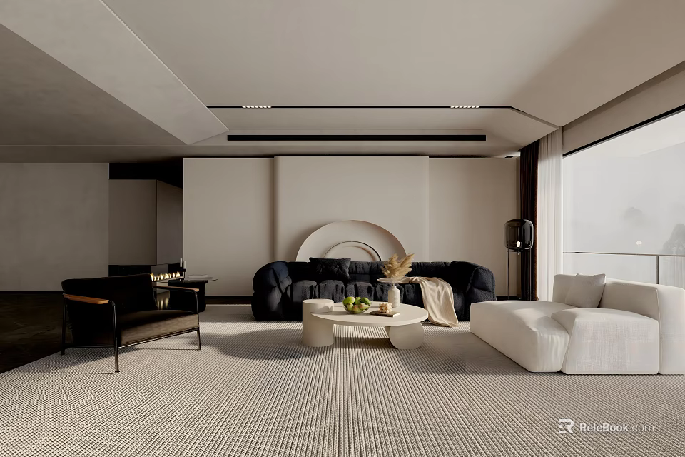 Modern Living Room Interior With Black Sofa White Sofa Circular Decor Coffee Table And Large Window 3d model 