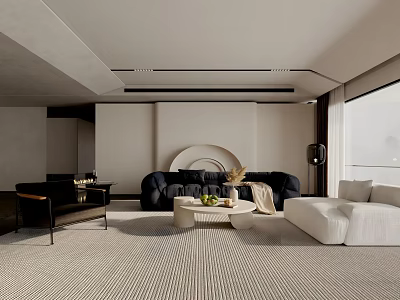 Modern Living Room Interior With Black Sofa White Sofa Circular Decor Coffee Table And Large Window 3d model