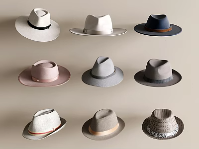 Various Hats Of Different Styles Colors Arranged In Three Rows Three Columns On Beige Background 3d model
