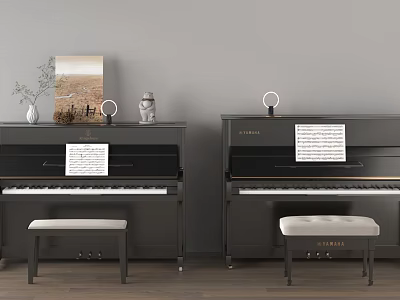 Stylish Interior Featuring Two Black Pianos Music Sheets Stools Decorative Painting And Vase 3d model