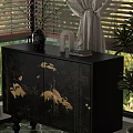 Black Chest of Drawers With White Cranes in Interior With Window Blinds Curtains and Green Plants