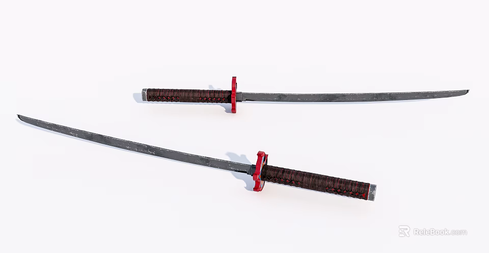 Two Traditional Samurai Swords With Red Guard And Brown Wrapped Hilt 3d model 