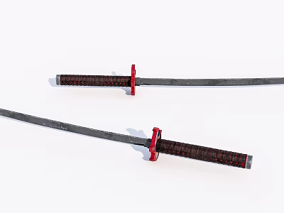 Two Traditional Samurai Swords With Red Guard And Brown Wrapped Hilt 3d model
