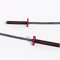 Two Traditional Samurai Swords With Red Guard And Brown Wrapped Hilt