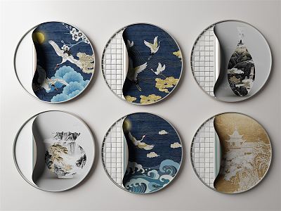 New Chinese Round Frame Painting Wall Decoration Pendant 3d model