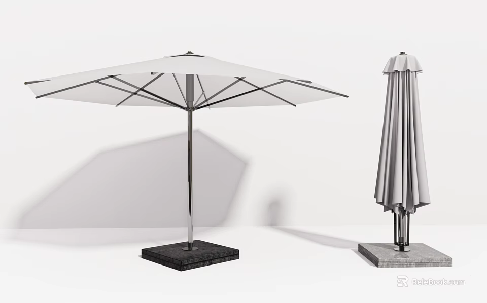 White Outdoor Umbrella With Metal Frame Open And Closed Positions Black Base 3d model 