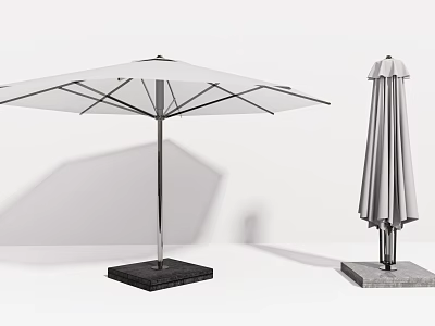 White Outdoor Umbrella With Metal Frame Open And Closed Positions Black Base 3d model