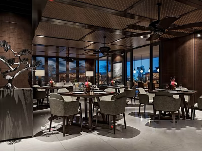 Elegant Modern Restaurant Interior With Wooden Ceiling Dining Tables And Decorative Tree 3d model