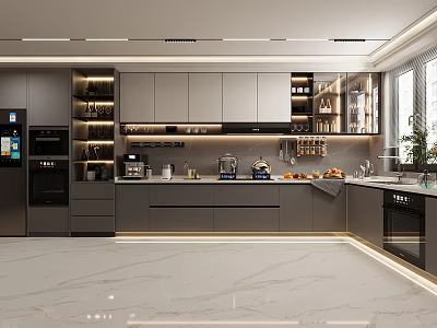 Modern Kitchen Interior With Grey Cabinets Marble Countertops Natural Light And Appliances 3d model