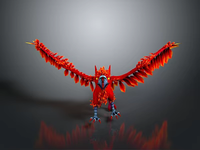 Detailed Red Bird With Flame Like Feathers And Spread Wings Blue Claws 3d model