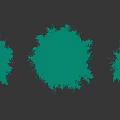 Three Tall Trees with Straight Trunks Pyramidal Crowns Dense Foliage Gray Background and Shadows