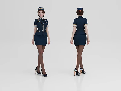 A Woman in Navy Blue Stewardess Uniform with Front and Back Views and High Heels 3d model