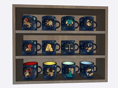 Zodiac Themed Decorative Mugs on Wooden Shelf with Blue Bodies and Colorful Patterns 3d model
