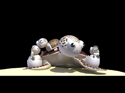 Adorable Reptile Family With Adult Turtle And Baby Turtles On Sandy Ground 3d model