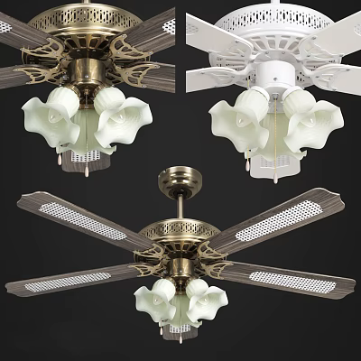 Brass And White Air Conditioning Ceiling Fans With Decorative Perforated Blades And Flower Shaped Shades 3d model