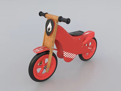 Red Kids' Balance Motorcycle with Wooden Handlebars Black Seat Red Inner Black Outer Wheels and Flame Logo 3d model