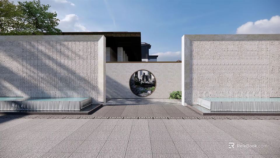 Gray Stone Garden Wall Design With Circular Opening Water Feature And Paved Ground 3d model 