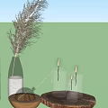 Home Decorative Ornament Set With Burning Candles On Wooden Tray And Dried Twigs