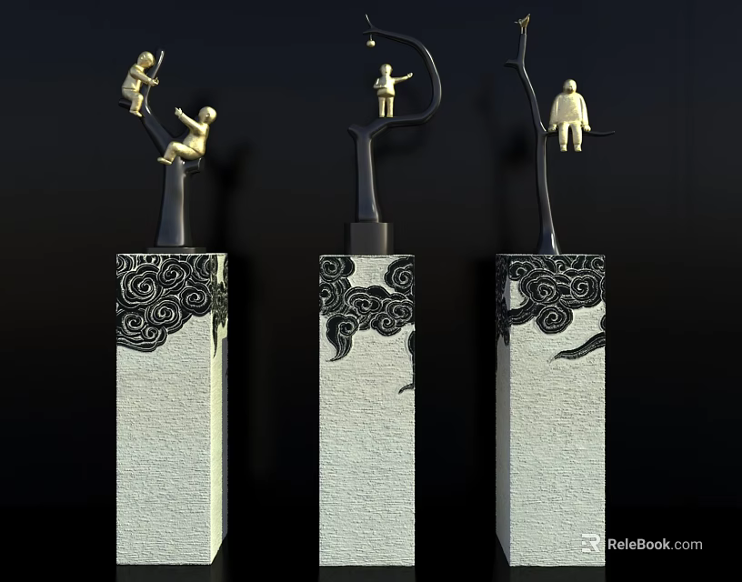 Artistic Decorative Ornament Set With Metal Figures And Cloud Pattern Bases 3d model
