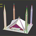 White Religious Building Architectural Model Featuring Four Golden Minarets Blue Lines and Golden Ornaments